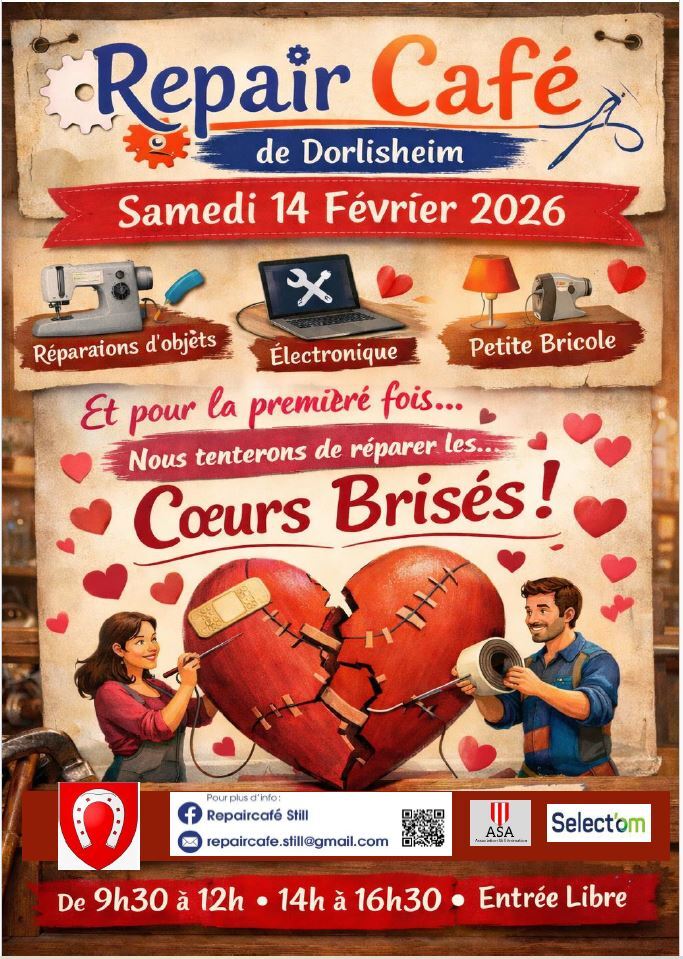 REPAIR CAFE à la Salle Polyvalente de DORLISHEIM ce samedi 14 février, de 9h30 à 12h et de 14h00 à 1